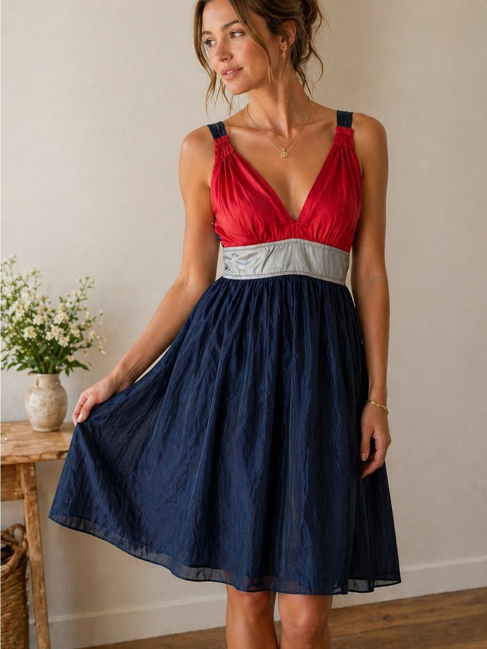 Y2K Anthro Fumblin’ Foe Colorblock Empire Waist Dress Size M Red Navy Silver